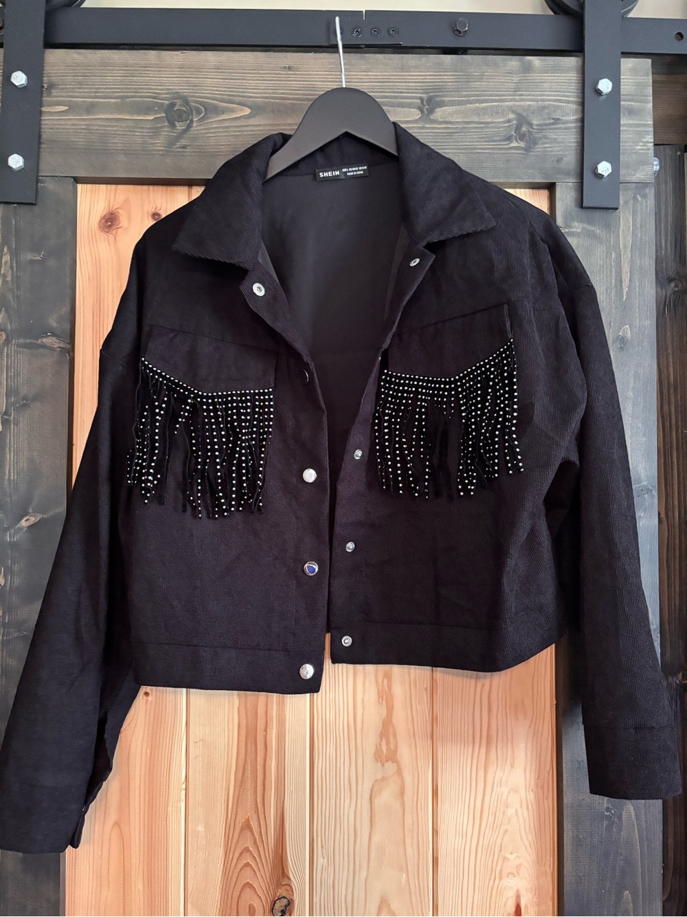 SHEIN Black Studded Fringe Cropped Jean Jacket